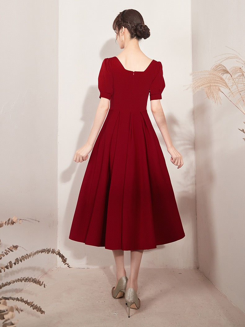 Burgundy party dress, short sleeve midi dress,satin homcoming dress cg18626