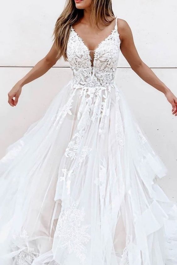 White A-line tulle lace long prom dress white lace long evening dress cg18631