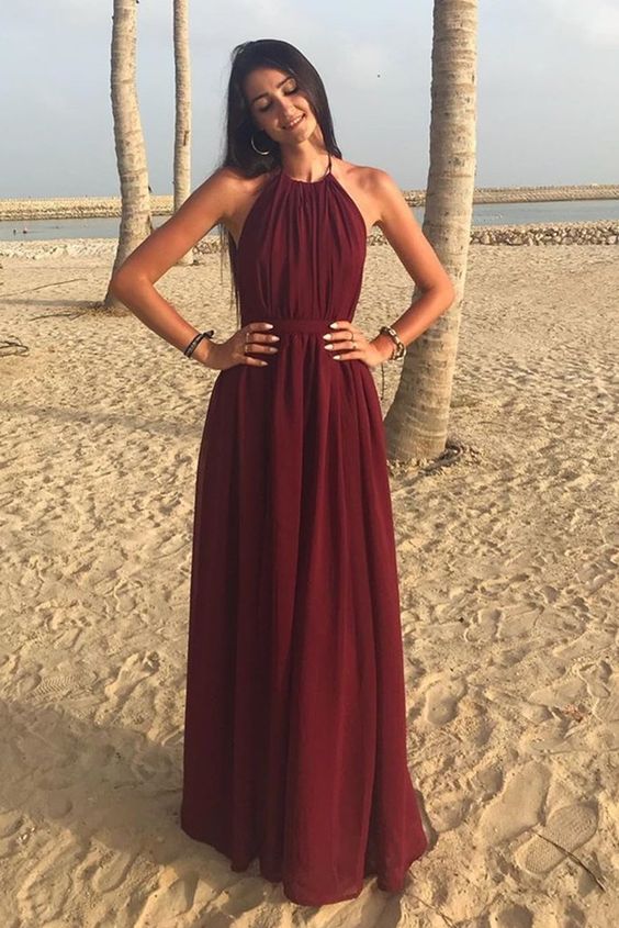 A Line Halter Neck Burgundy Long Prom Dress, Halter Neck Burgundy Formal Graduation Evening Dress cg18642