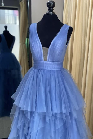 Blue tulle long prom dress A line evening dress cg18701