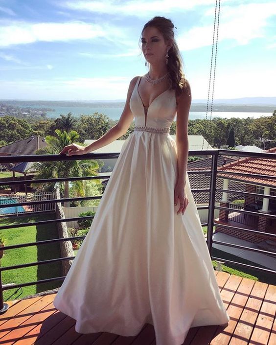 A-line Satin Prom Dresses Illusion V-Neck Formal Evening Dress cg18709