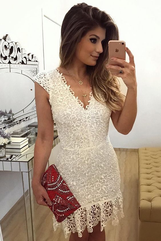 Sheath V-Neck Knee-Length Cap Sleeves Ivory Lace Homecoming Dress cg18717