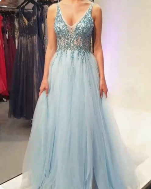 stunning A-line light blue long prom dress with sequins bodice, cg18720