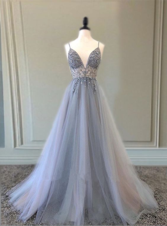 Elegant tulle beaded v neck prom dresses spaghetti straps formal gown long cg18721