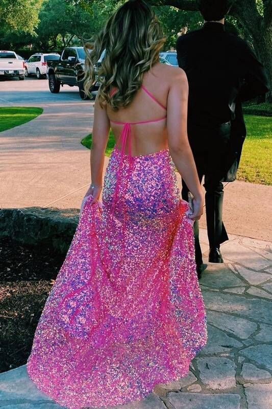 Mermaid Hot Pink Sequined Long Prom Dress with Lace up back cg18729