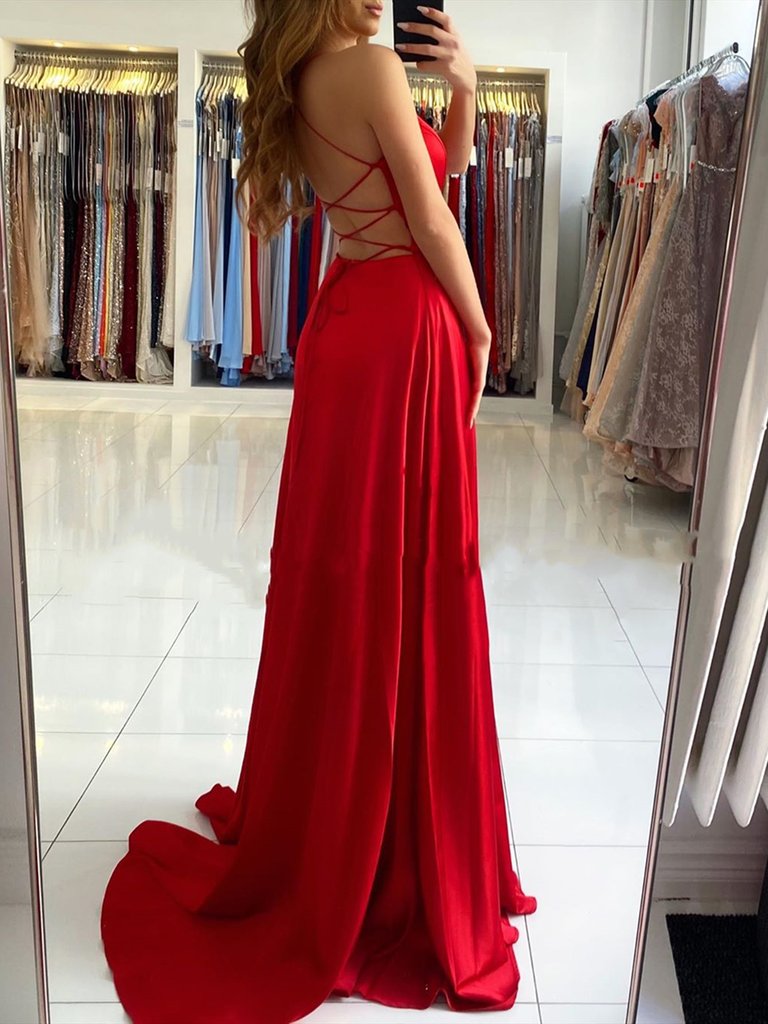 A Line V Neck Red Long Backless Prom Dresses, Red Long Backless Formal Evening Dresses cg18739