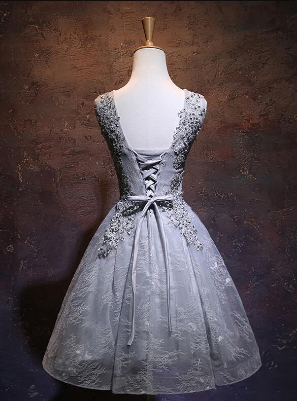 Light Grey Short V-Neckline Lace Applique Party Dress, Grey Homecoming Dress 2021 cg18782