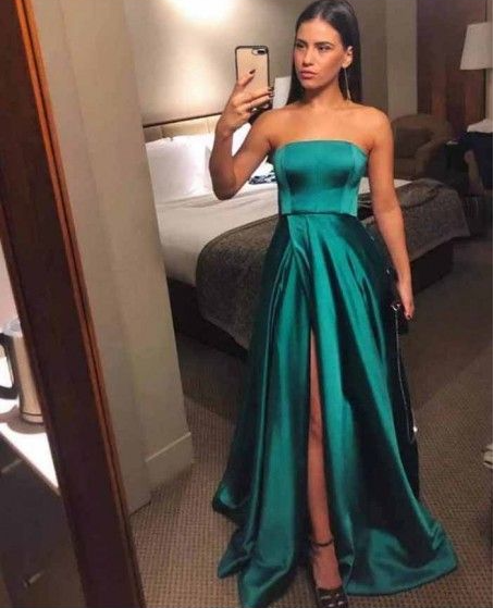 A-Line Strapless Long Satin Prom Dresses Formal Evening Gowns prom dress cg18791