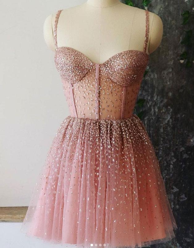 A-line Spaghetti Straps Short Dresses Dusty Pink Beaded Homecoming Dress cg1880