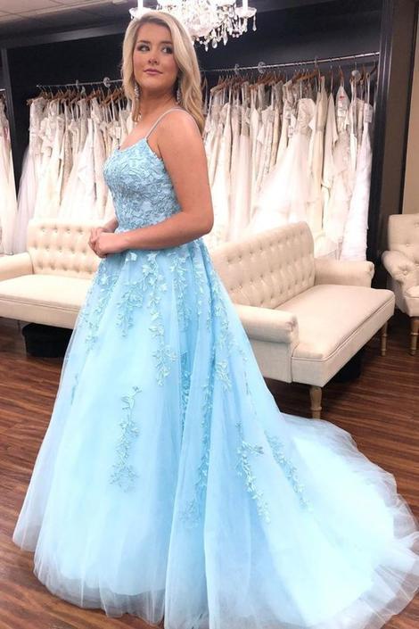 A-line light blue long prom dress with spaghetti straps cg18816