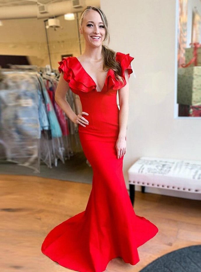 Red Mermaid Satin Deep V-neck Ruffles Long Prom Dress cg18830