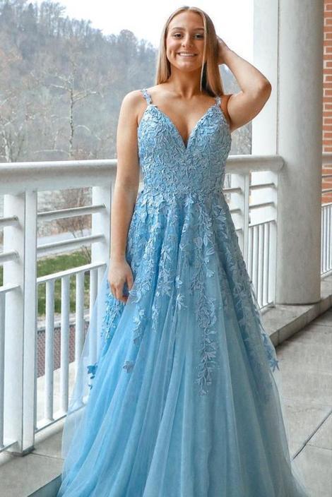 light blue A-line long formal prom dress for graduations cg18840