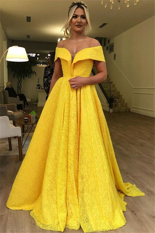 Gorgeous Off The Shoulder Lace Evening Dresses | Yellow A-Line Cheap Prom Dresses cg18846