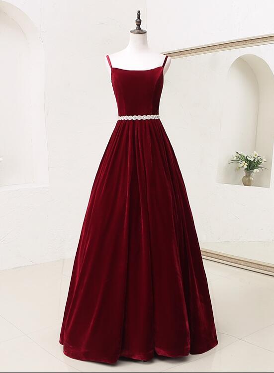 Elegant Straps Velvet Long Formal Dress With Belt, Long Prom Dress cg18862