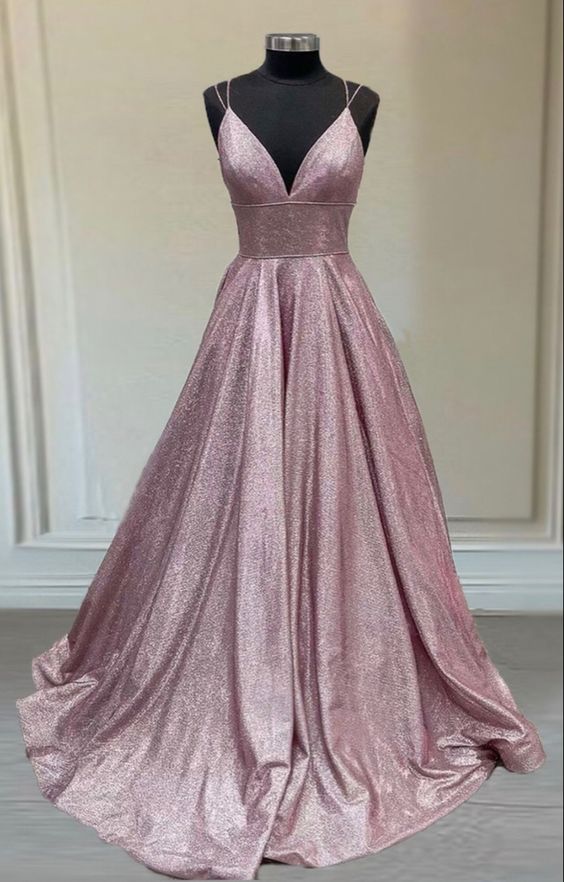 Pink glitter prom dresses v neck spaghetti straps ball gown cg18873