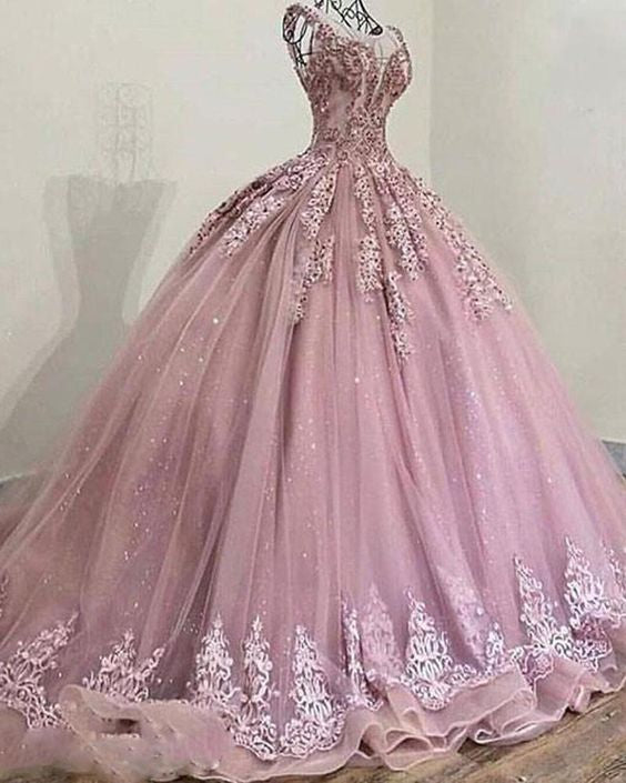 ball gown prom Pricess Scoop Neck Glitter Sequins Tulle lace Mauve Pink Ball Gown cg18882