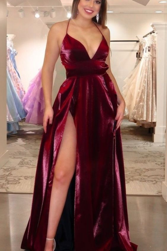 Princess A-line Burgundy Long Formal Dress with Side Slit Prom Dress cg18890