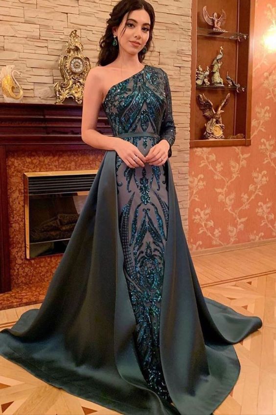 one shoulder dark green long formal prom dress with train cg18892