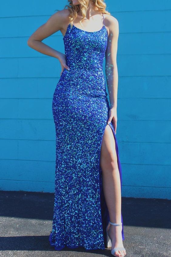 Navy Blue Sequined Dress Evening Dress Prom Dress cg18896