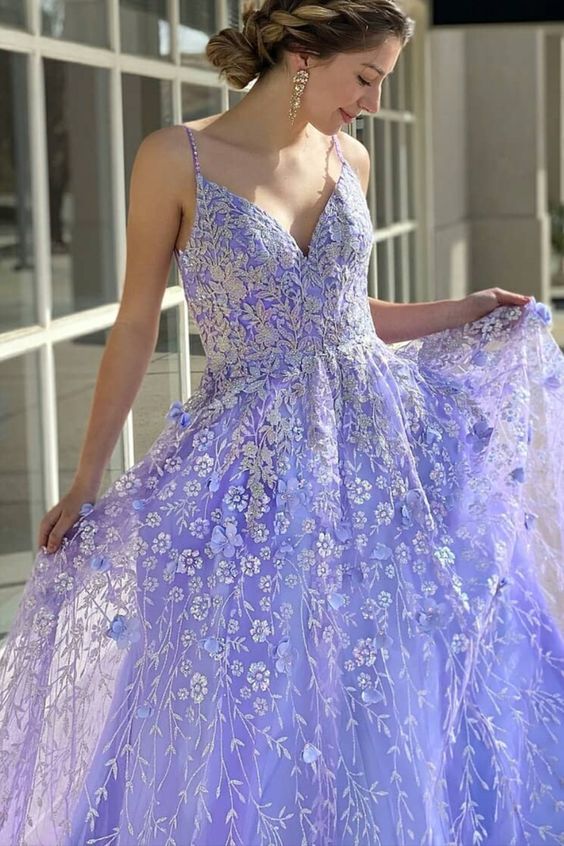 A-line lavender lace long prom dress ball gown cg18897