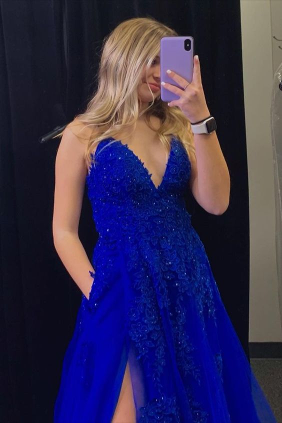 A-line royal blue long prom dress with side slit and pockets cg18900