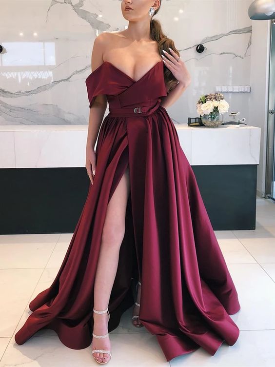 V Neck Off Shoulder Burgundy Long Prom Dress Slit Off the Formal Evening Dresses cg18920