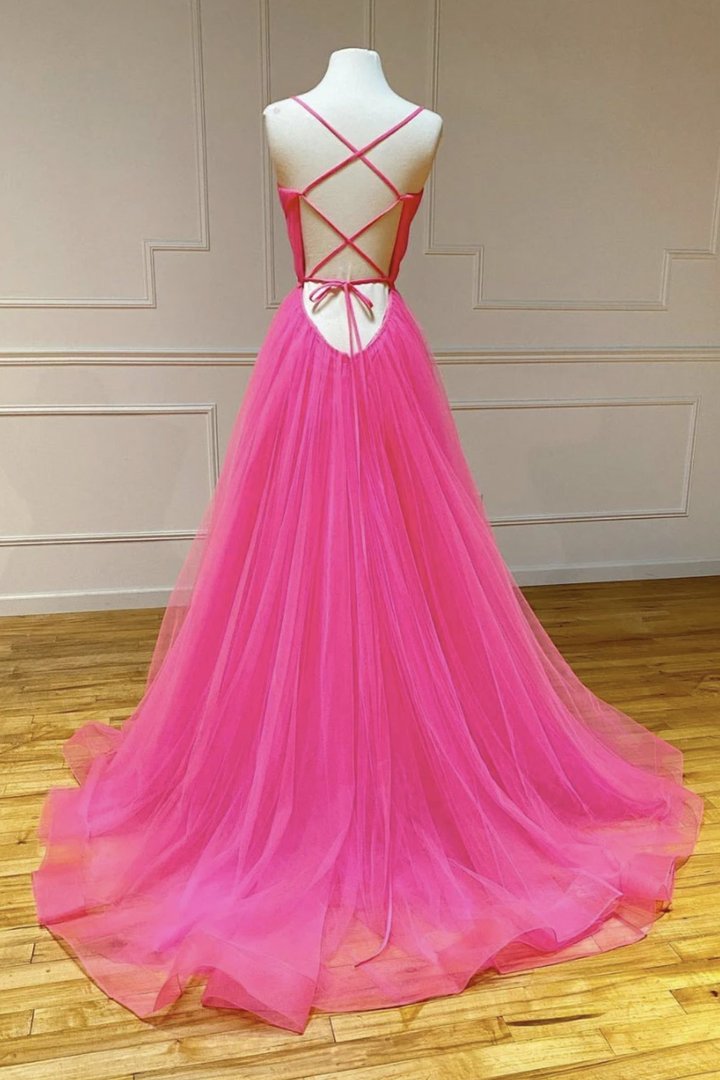 Simple v neck tulle long prom dress A line evening dress cg18932