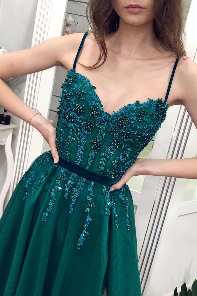 Green sweetheart neck tulle lace long prom dress green evening dress cg18933