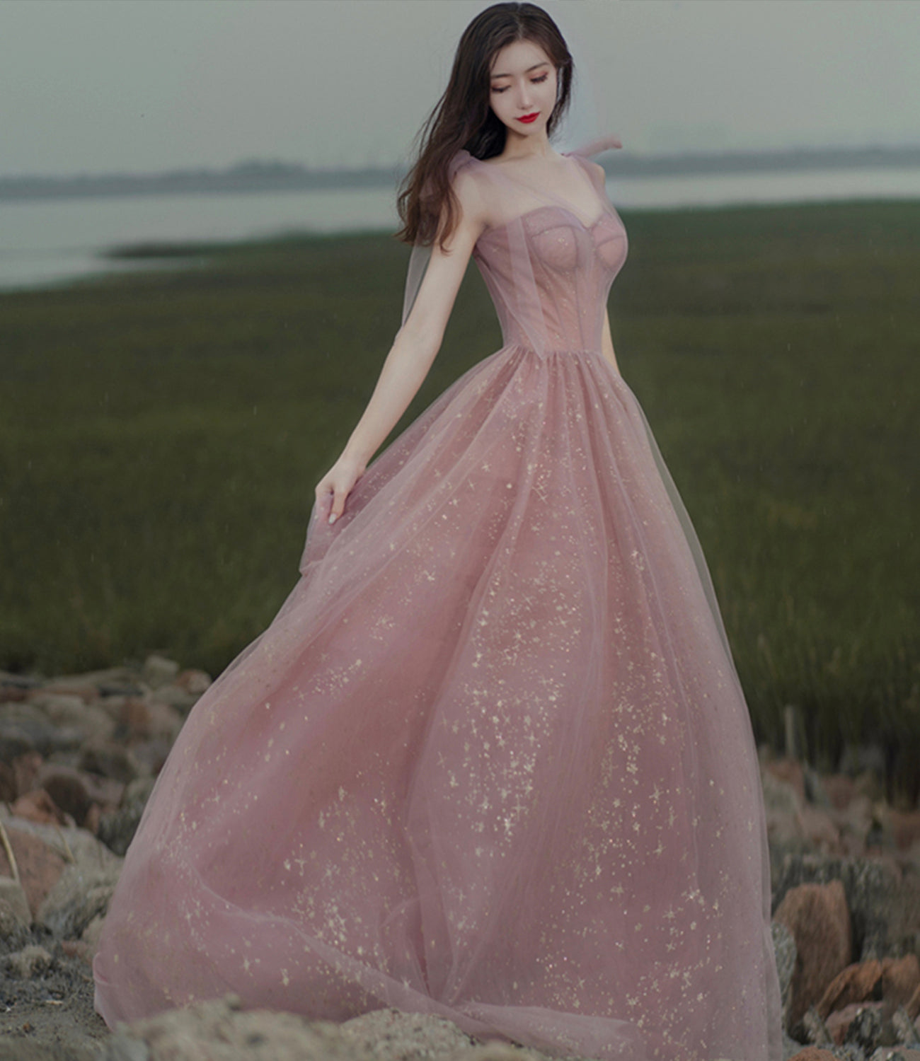 PINK A LINE PROM DRESS PINK TULLE EVENING DRESS cg18962