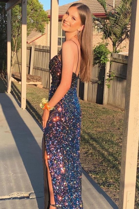 Stunning Navy Sequins Prom Dress cg18965