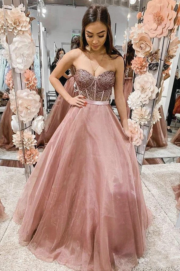 Pink tulle beads long prom dress A line evening dress cg18970
