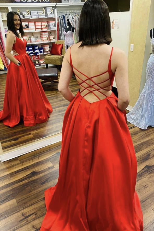 Red satin long backless prom dress A line evening dress cg19001