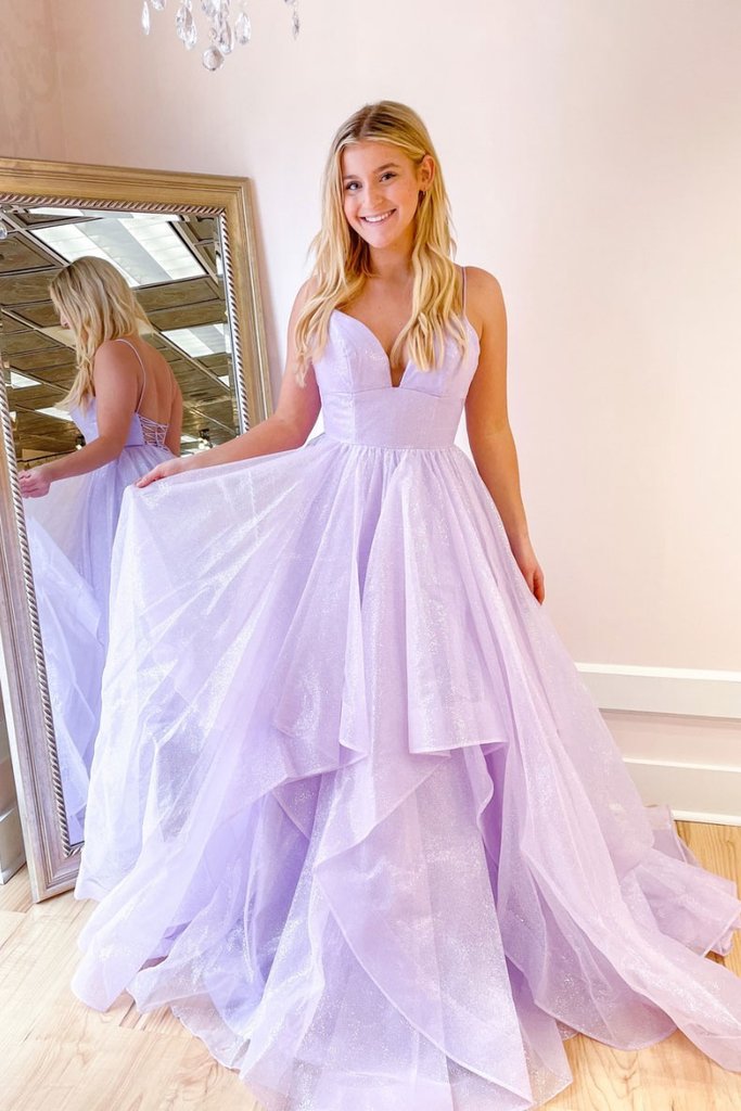 PURPLE TULLE V NECK LONG FORMAL DRESS PURPLE PROM DRESS cg19003