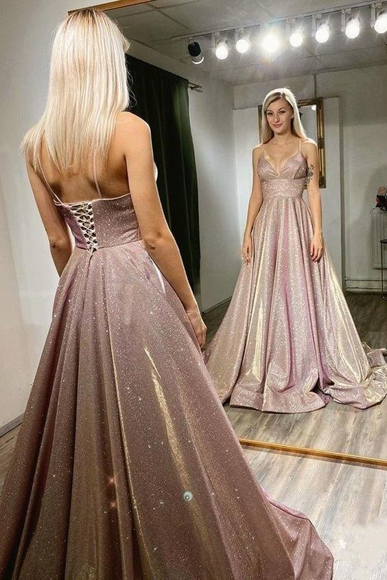 Beautiful A-line Spaghetti Straps Long Sequin Shiny Prom Dresses cg19004