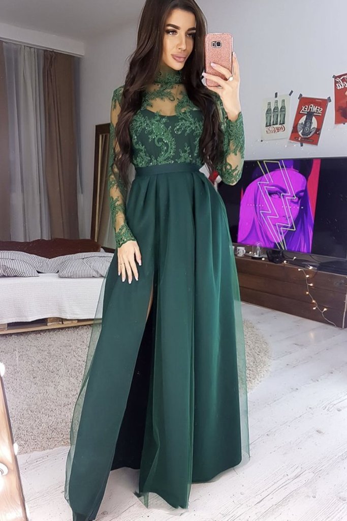Long Sleeves High Neck Green Lace Long Prom Dress, Long Sleeves Green Formal Dress, Green Lace Evening Dress cg19007