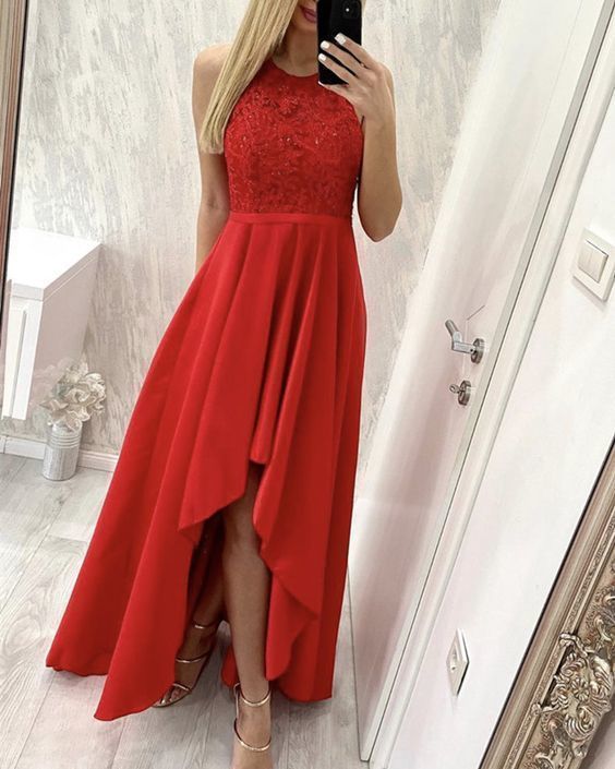 Red lace halter prom dresses asymmetrical gown for back to school prom cg19021