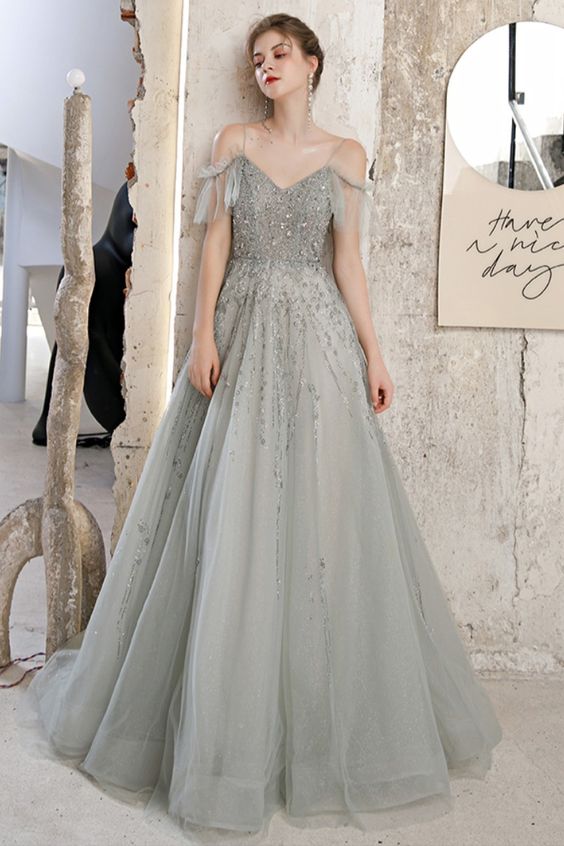 A-line Sage Green Tulle Long Prom Dress Formal Dess Graduation Dress cg19037
