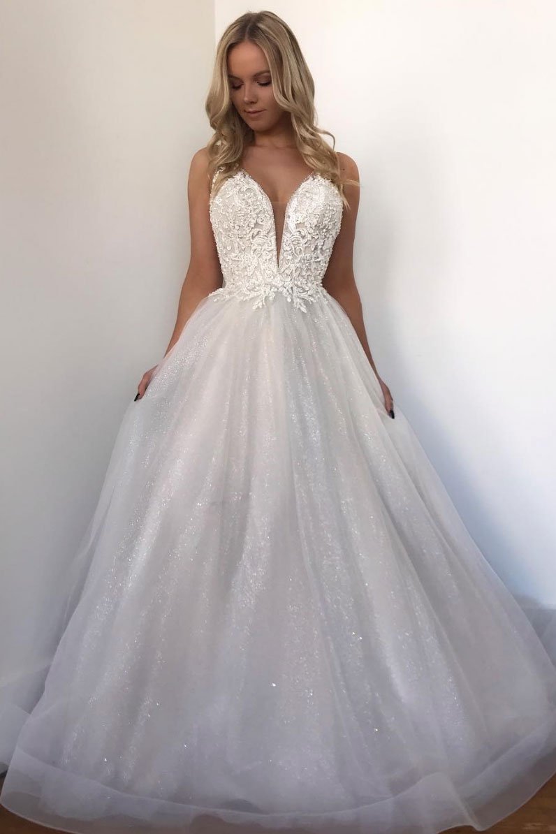 White sweetheart tulle lace long prom dress, white lace evening dress cg19039