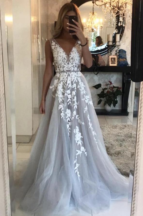 Grey v neck tulle lace long prom dress evening dress cg19054