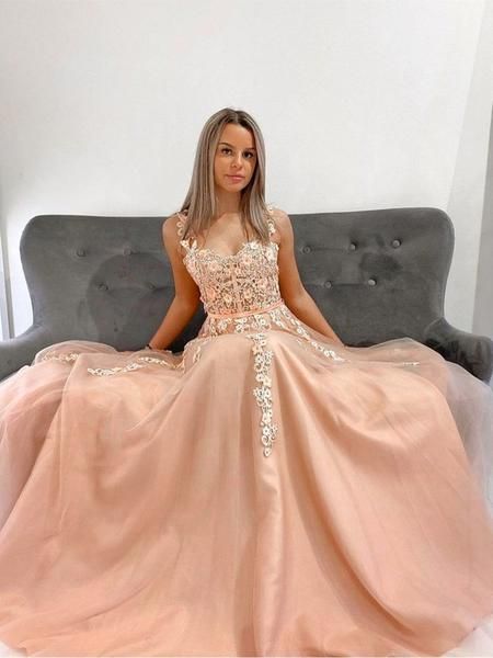 Double Straps Champagne Lace Long Prom Dresses, Long Champagne Lace Floral Formal Dresses cg19063