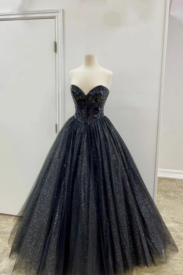 Black tulle beads long prom dress A line evening dress cg19083