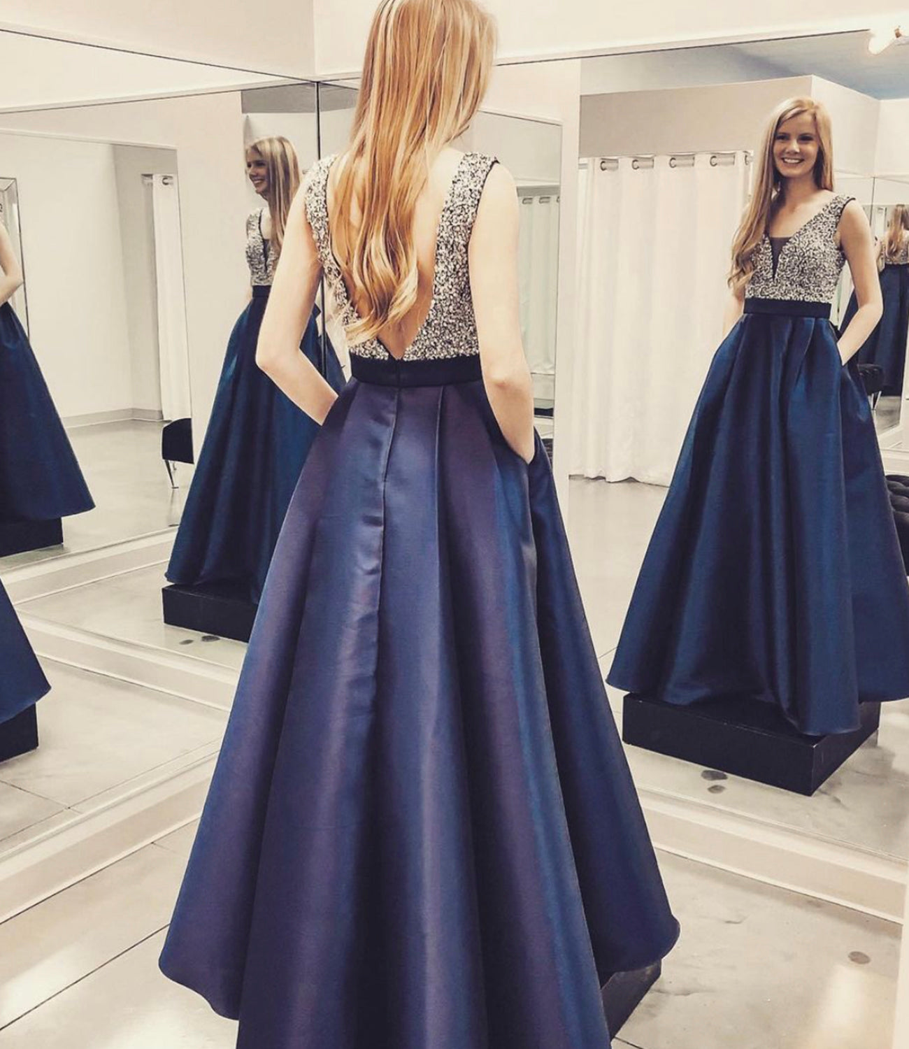 BLUE A LINE SATIN LONG PROM DRESS BLUE EVENING DRESS cg19087