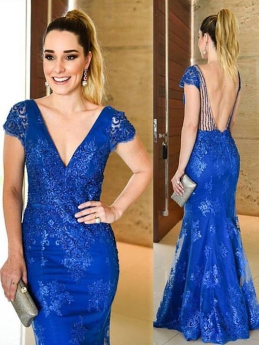 Blue Appliques Beading Embroidery Floor-Length Prom Dress cg19088