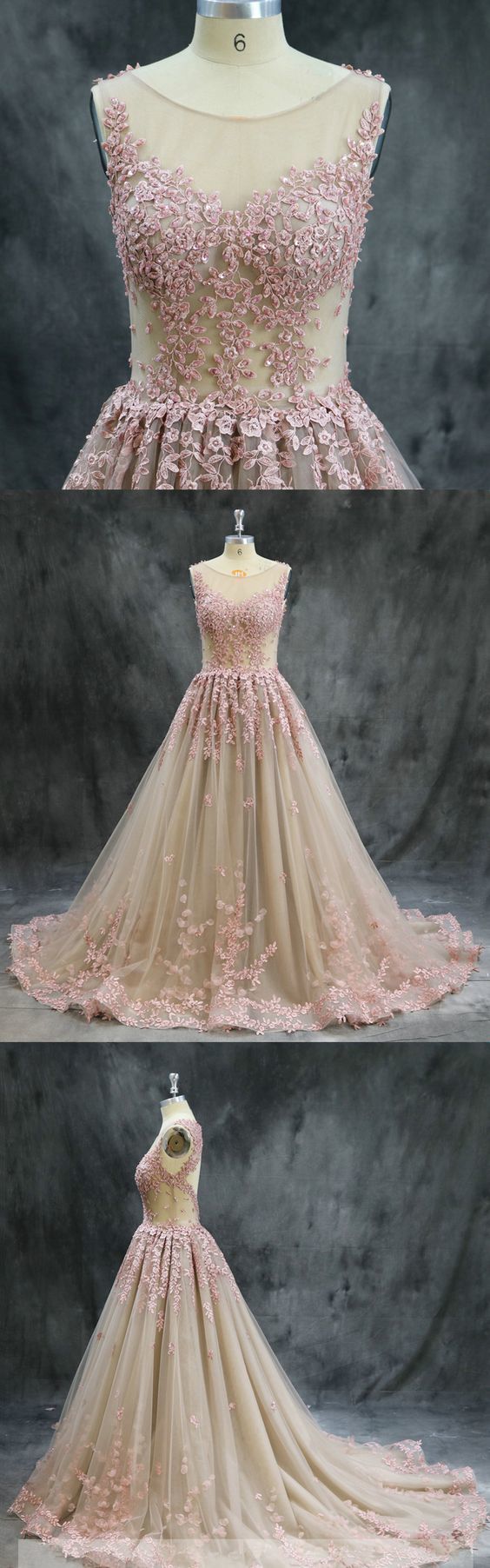 Champagne tulle long open back lace appliqué senior prom dress cg19095