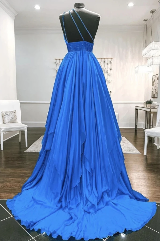 One Shoulder Backless Blue Chiffon Long Prom Dress, Beaded Blue Long Formal Evening Dress cg19098