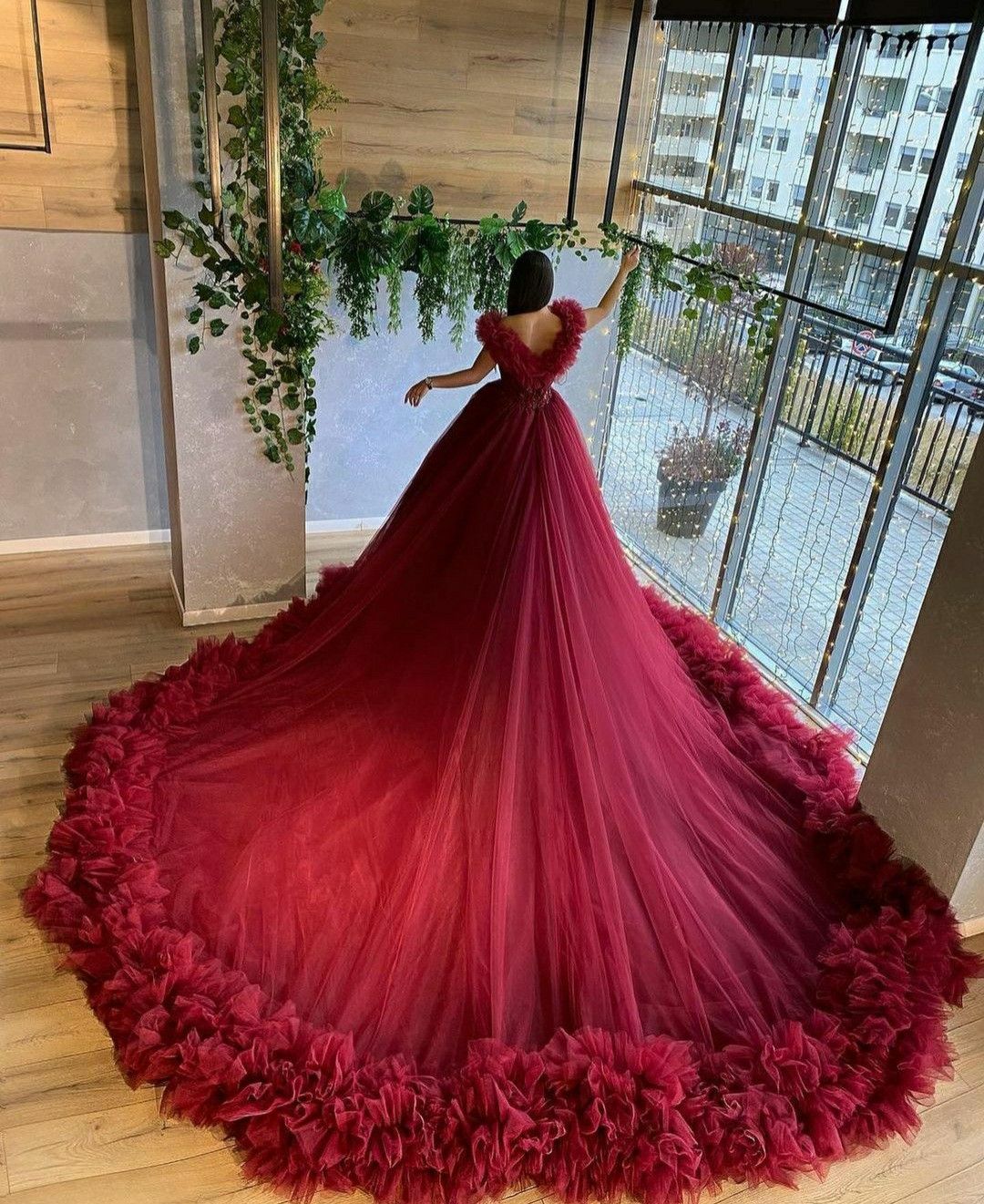Cute tulle long prom dress burgundy evening dress cg19112