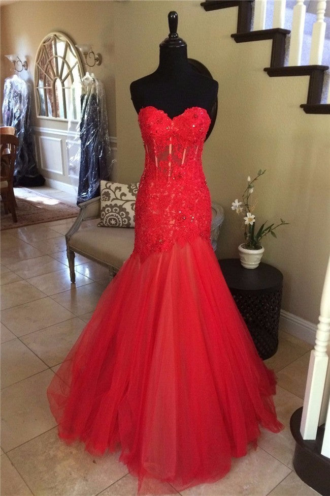 Graceful Mermaid Sweetheart Red Tulle Lace Beaded See Through Prom Dress cg19125