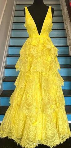 Yellow Mismatched Lace A-line Prom Dresses cg19138