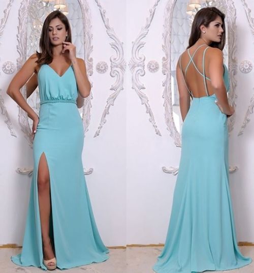 Ice Blue V Neck Formal Evening Gown Open Back Long Party prom Dress Side Slit cg19154