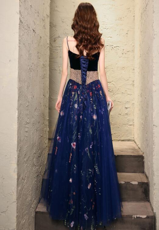 Charming Navy Blue Velvet And Tulle Floral Straps Evening Dress, Blue Formal Dress Prom Dress cg19162